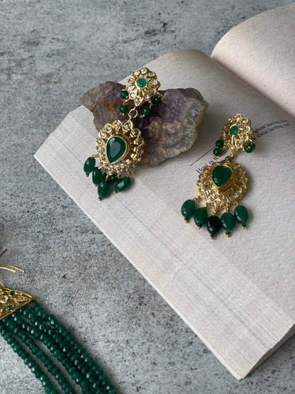 Hyderabadi Kundan Long Necklace Set with Green Beads