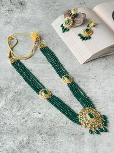 Hyderabadi Crystal Long Necklace Set with Green Beads