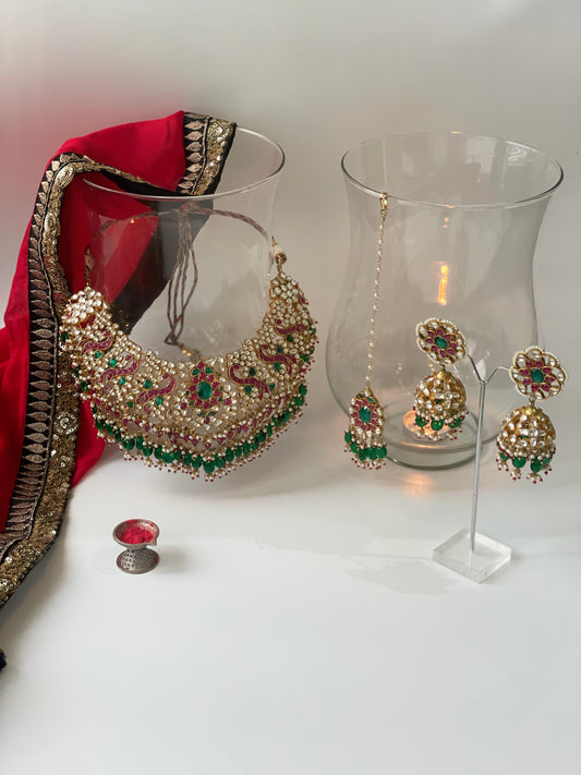 Ethnic Pacchi Kundan Stone Studded Necklace Set with Maang Tikka