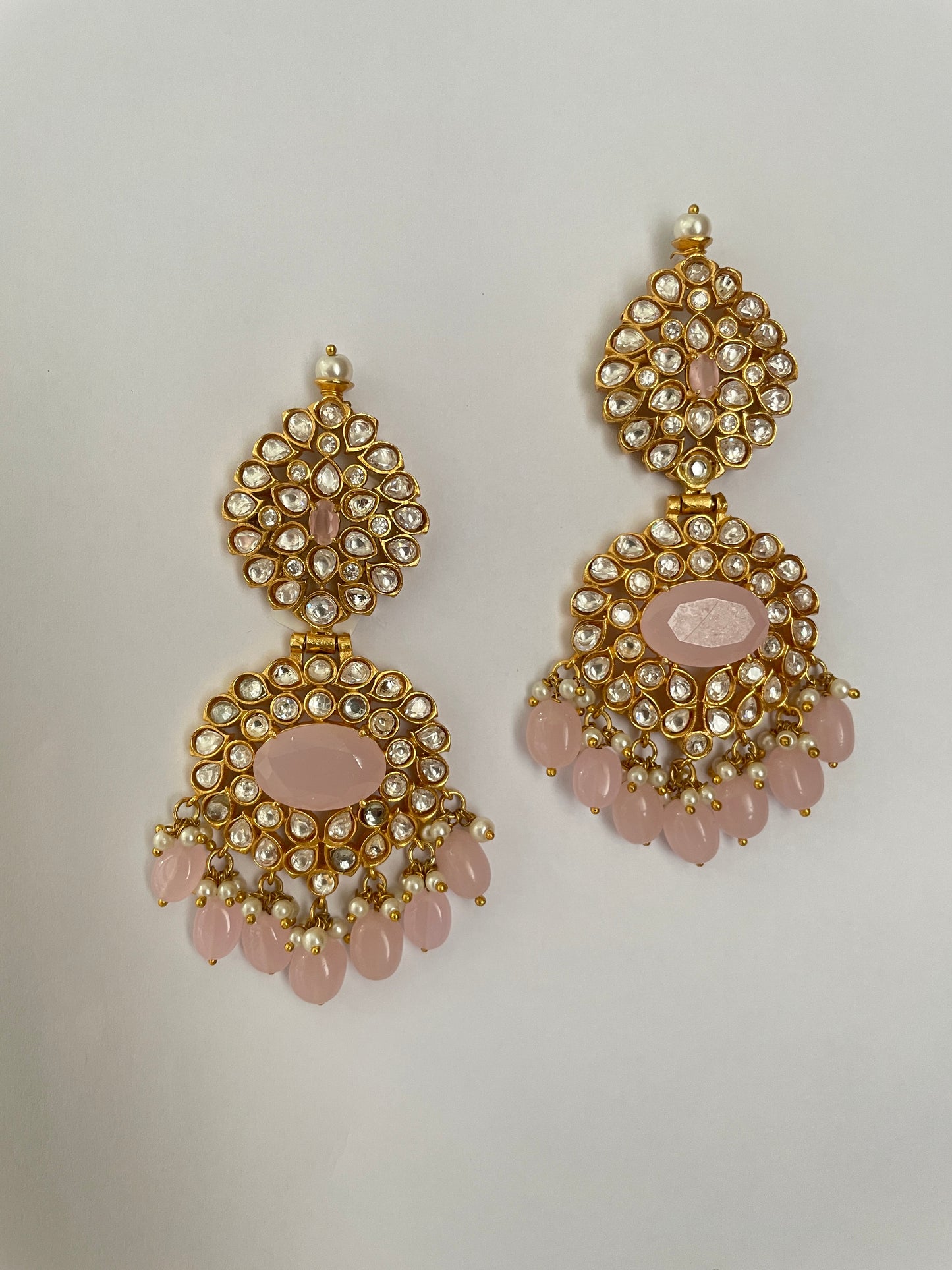 Kundan & zircon earrings with hanging beads in gold polish
