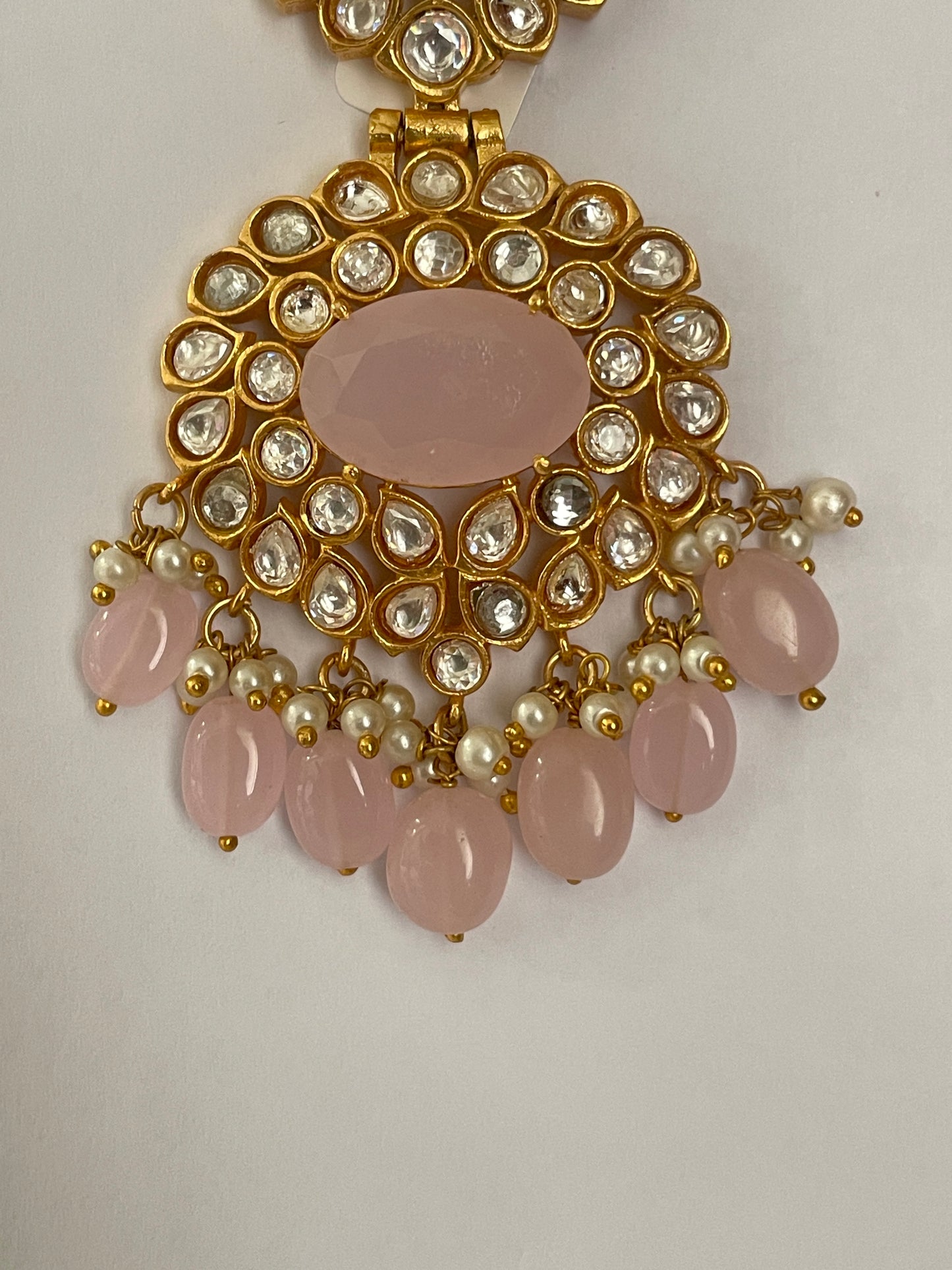 Kundan & zircon earrings with hanging beads in gold polish