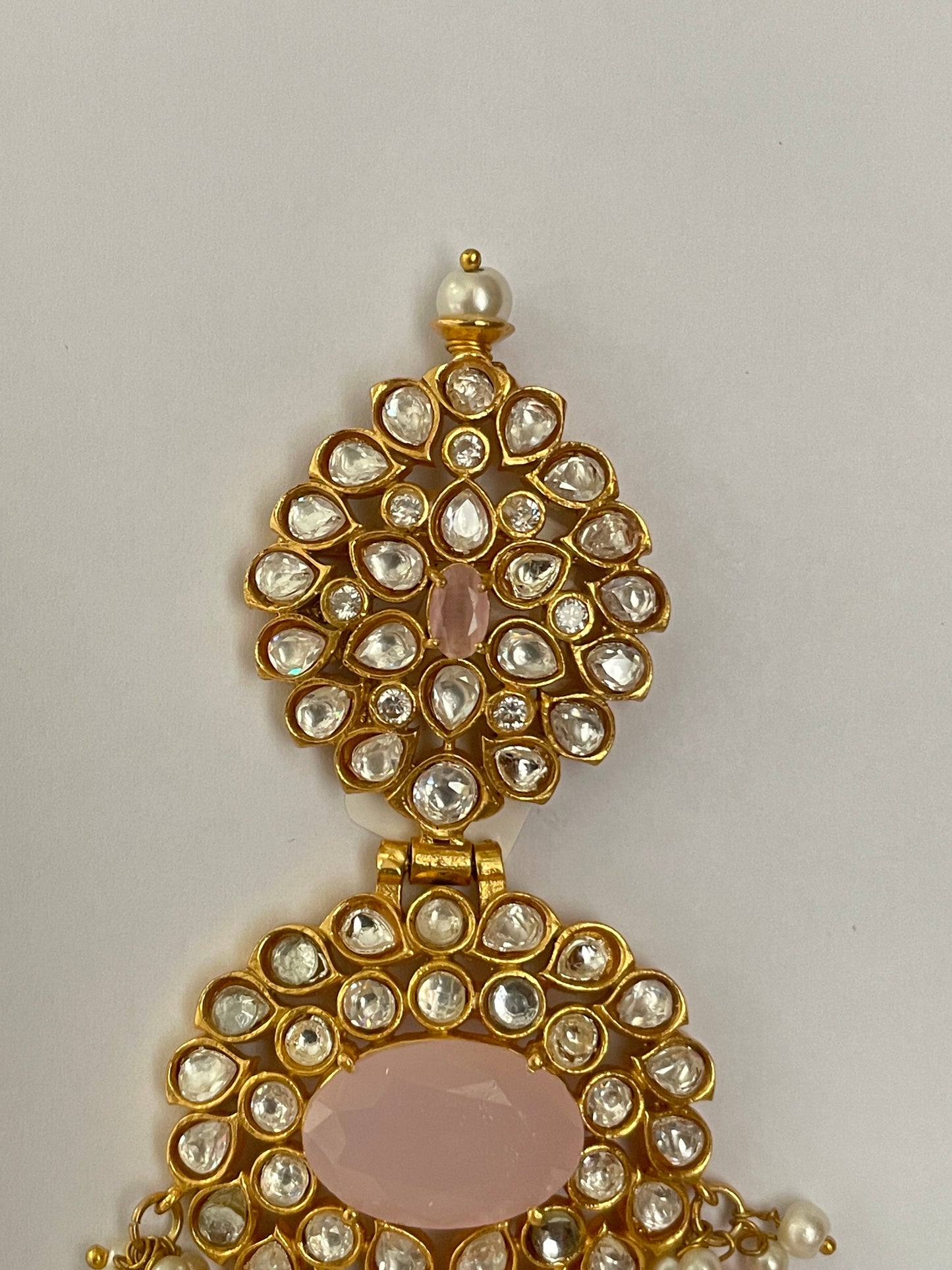 Kundan & zircon earrings with hanging beads in gold polish