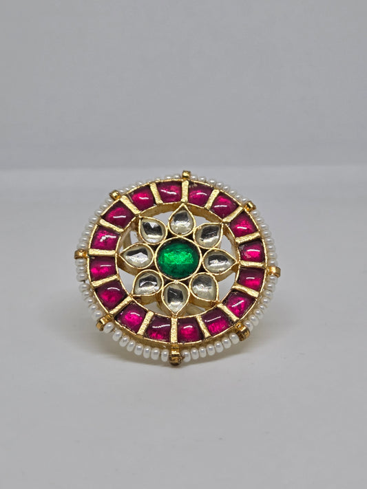 Gold Finish Pink Stone Kundan Ring
