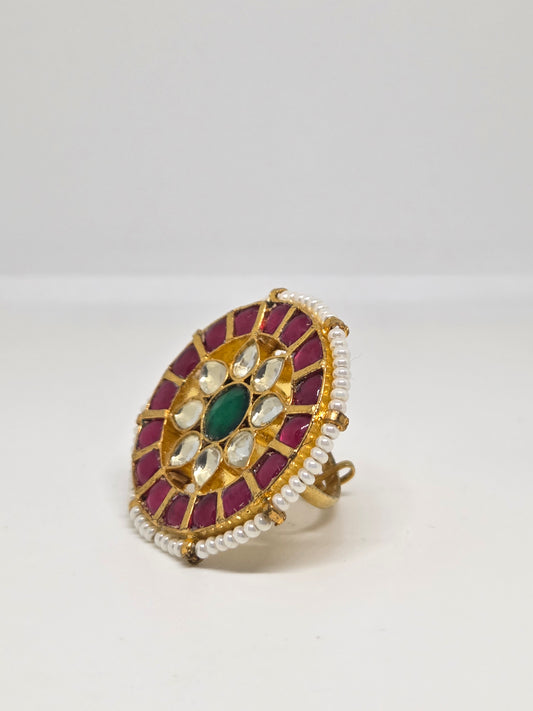 Gold Finish Pink Stone Kundan Ring