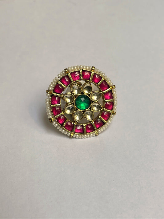 Gold Finish Pink Stone Kundan Ring