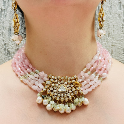 Pastel Pink Tumbled Stone Kundan Necklace Set