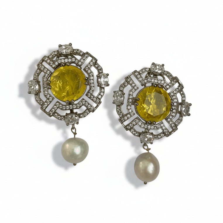 Zircon and Pearl Earrings with Bright Center Stone
