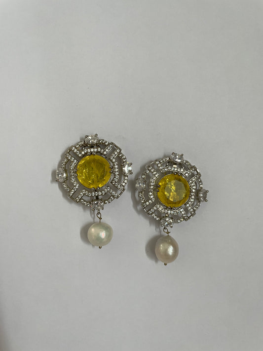 Zircon and Pearl Earrings with Bright Center Stone