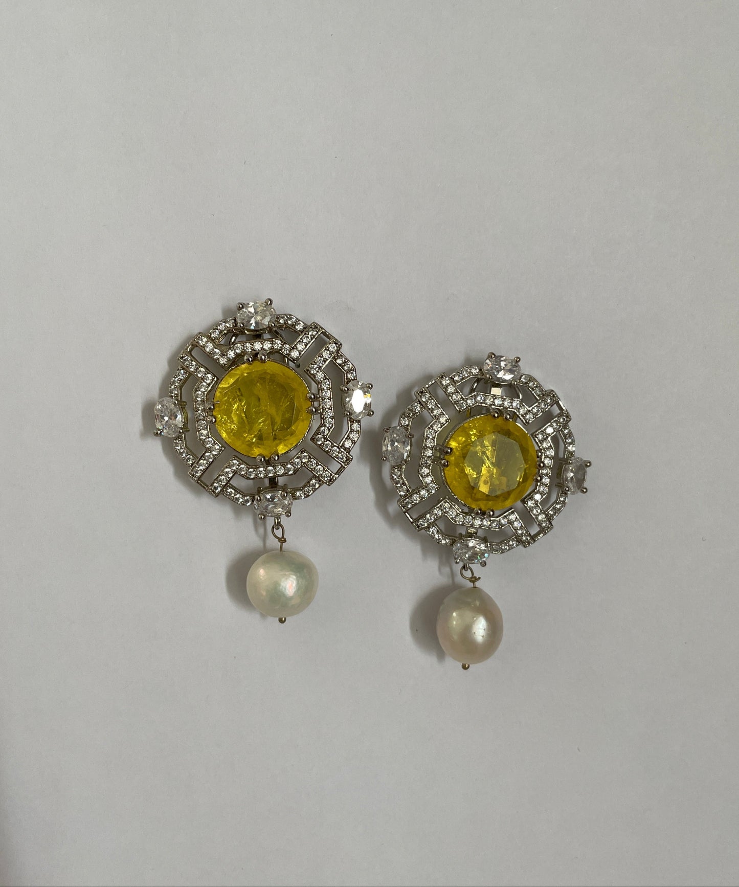 Zircon and Pearl Earrings with Bright Center Stone