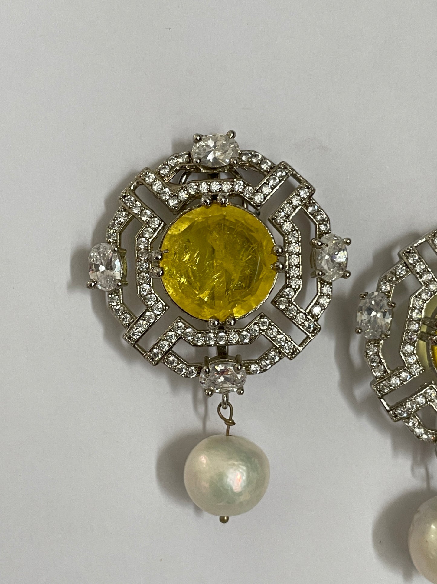 Zircon and Pearl Earrings with Bright Center Stone
