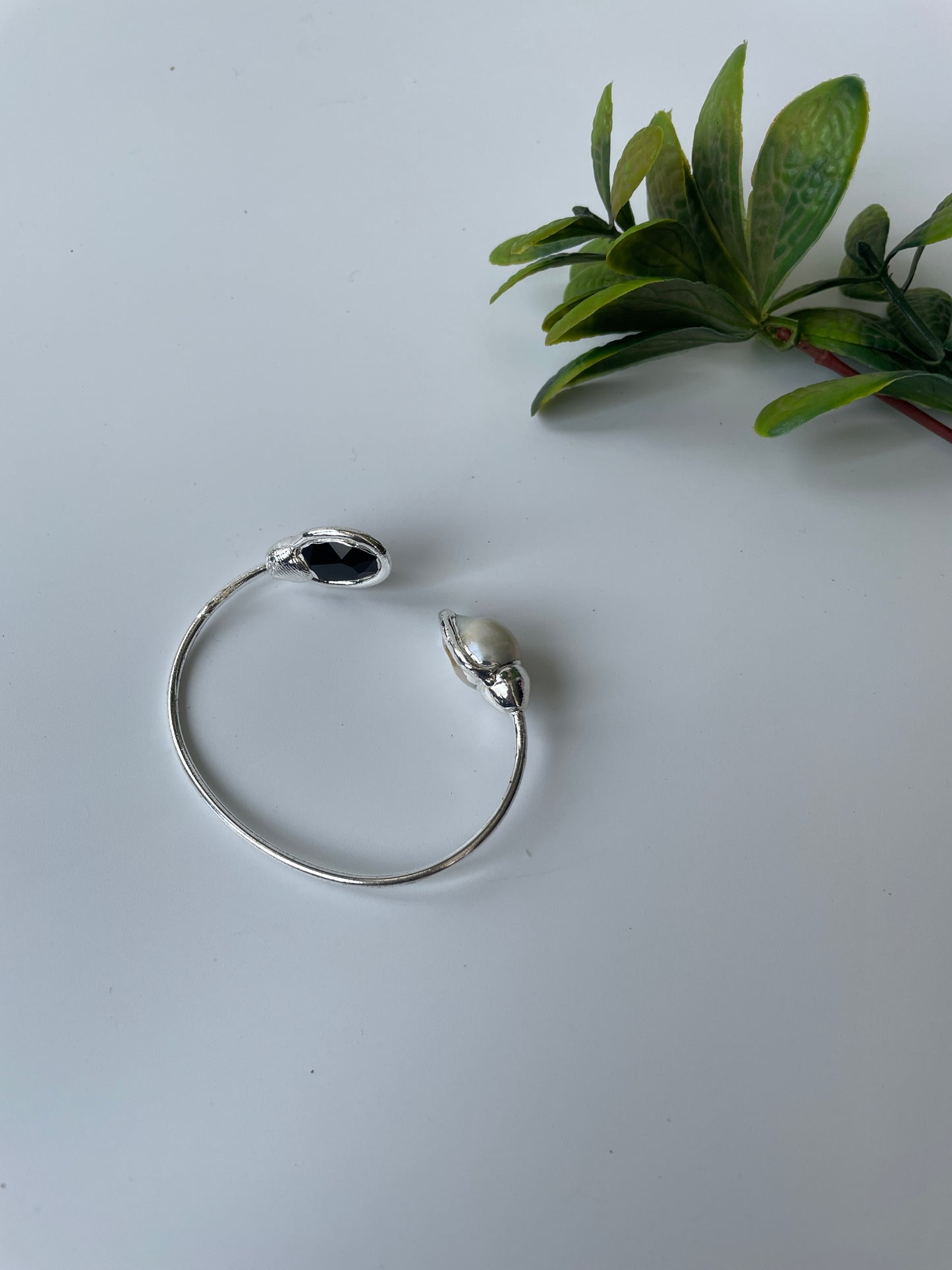 Silver White Black Onyx and Pearl Studded Cuff Bangle