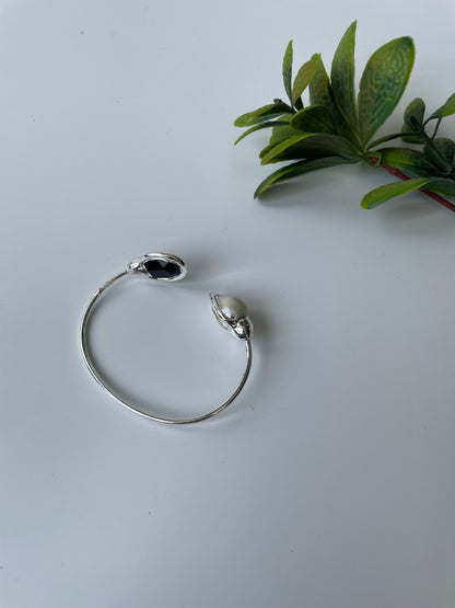 Silver White Black Onyx and Pearl Studded Cuff Bangle