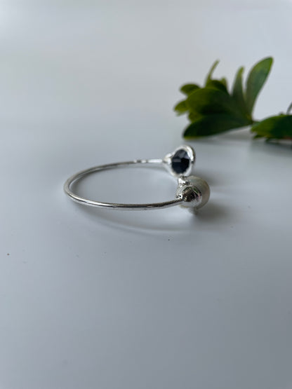 Silver White Black Onyx and Pearl Studded Cuff Bangle