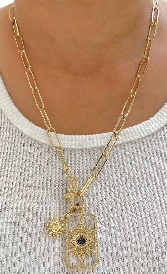 Link Chain Evil Eye Studded Gold Plated Necklace