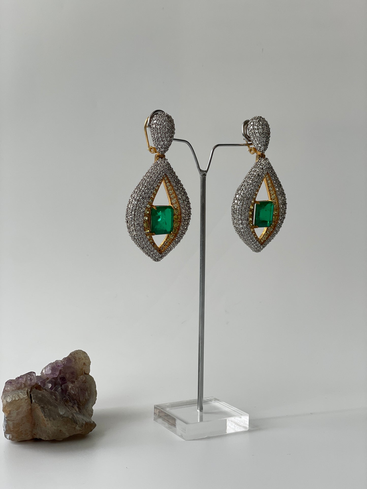 Emerald Doublet with Zircon All Over Earrings in Two Tone Finish