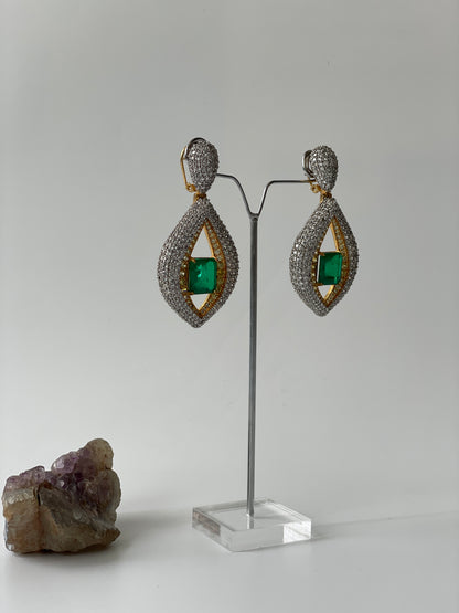 Emerald Doublet with Zircon All Over Earrings in Two Tone Finish