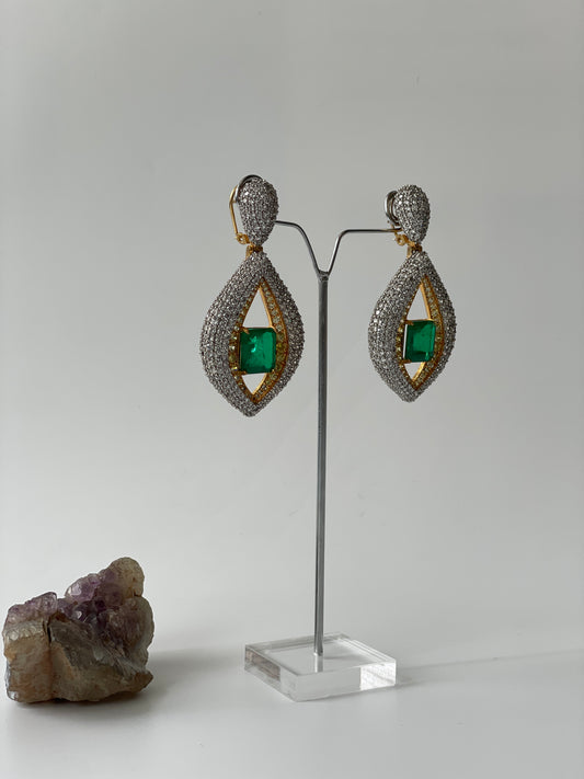 Emerald Doublet with Zircon All Over Earrings in Two Tone Finish