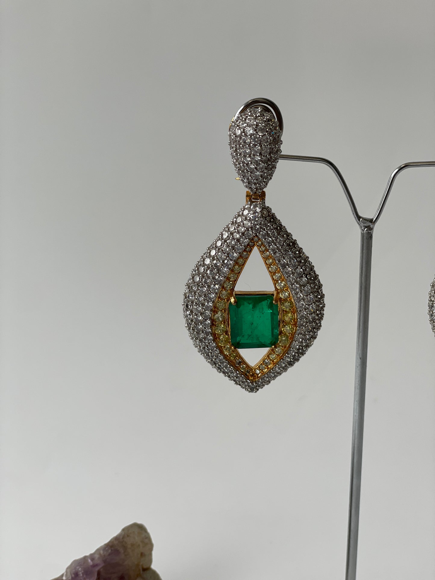 Emerald Doublet with Zircon All Over Earrings in Two Tone Finish