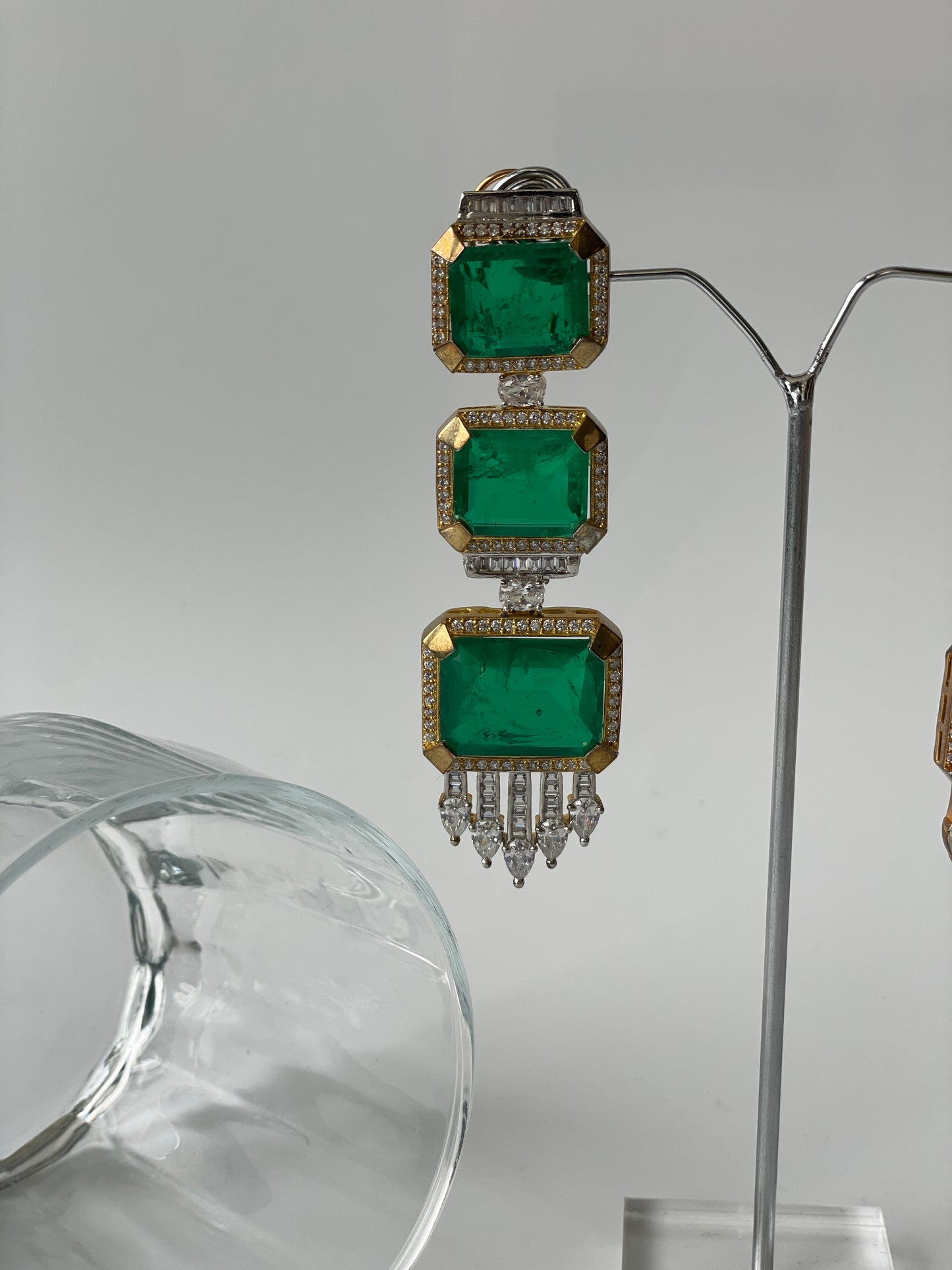 Green Doublet and Zircon Earrings in Gold Finish