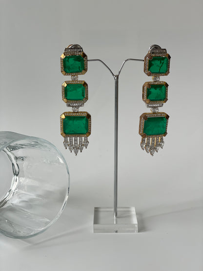 Green Doublet and Zircon Earrings in Gold Finish