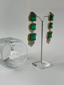 Green Doublet and Zircon Earrings in Gold Finish