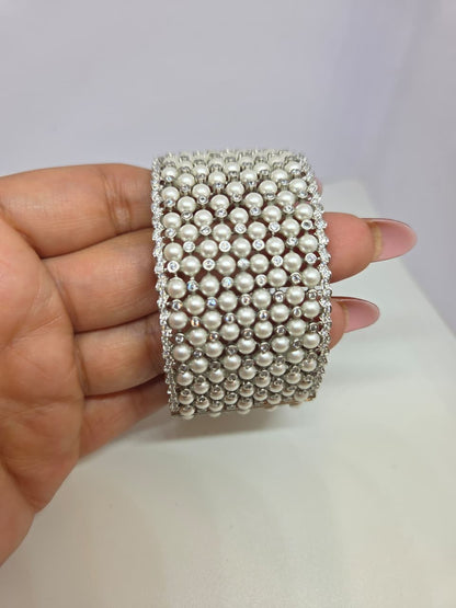White Pearl Studded Silver Broad Bangle