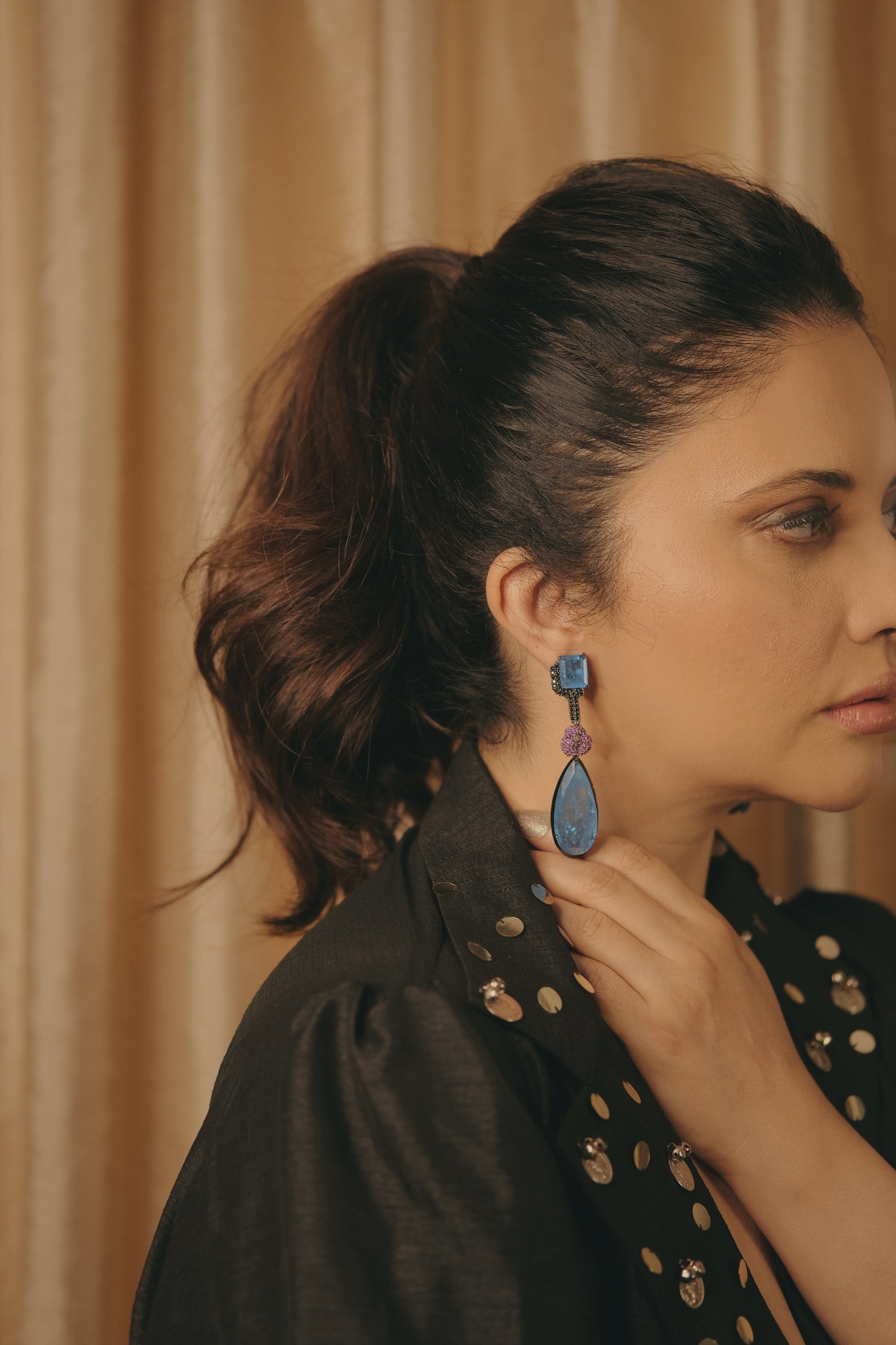 Black and Pink Zircon Earrings with Blue Doublet Crystals