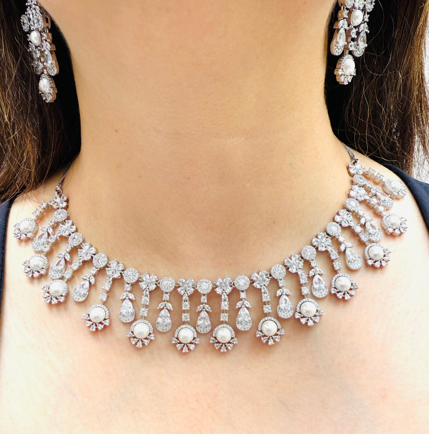 Pearl and Zircon Necklace with Earrings