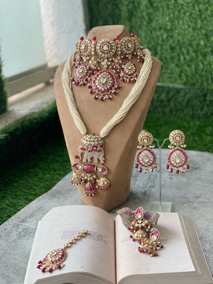 Ethnic Red Stone Studded Kundan Necklace, Earrings and Maang Tikka