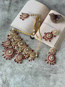 Ethnic Red Stone Studded Kundan Necklace, Earrings and Maang TikkaStudio6Jewels