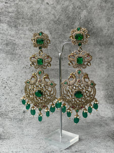 Zircon Studded Long Earrings with Green Stones and Beads