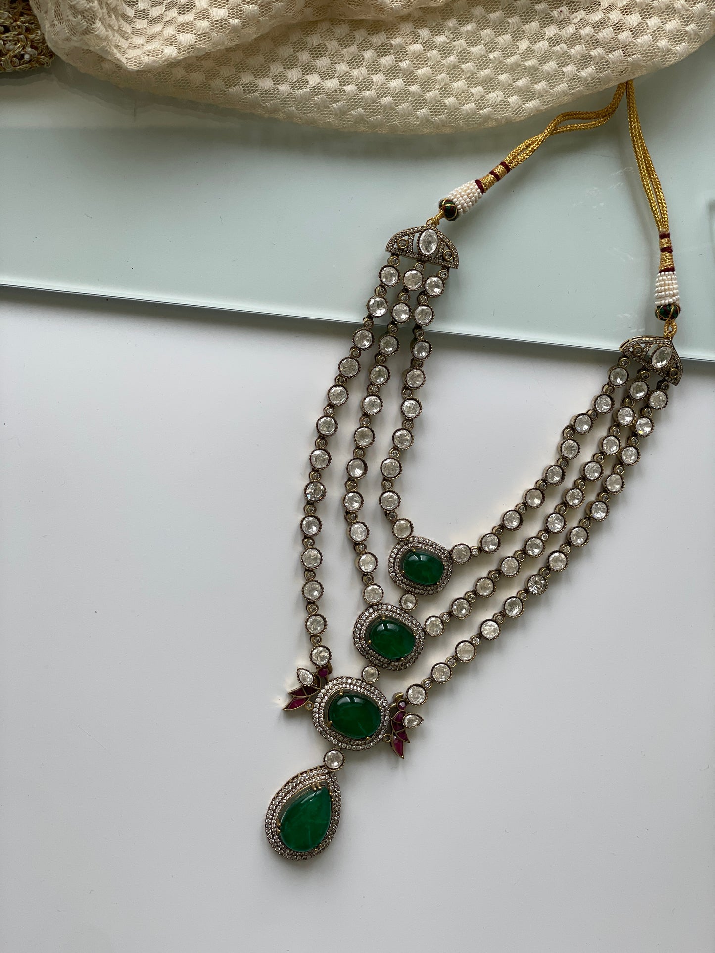 Three Layered Kundan Necklace Set with Green Stones