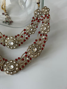 Filigree Work Kundan Necklace Set with Red Stones