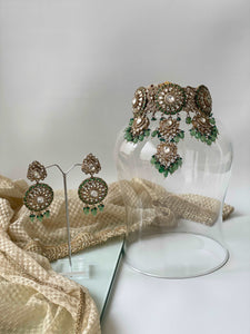 Antique Finish Heirloom Kundan Necklace Set with Green BeadsStudio6Jewels