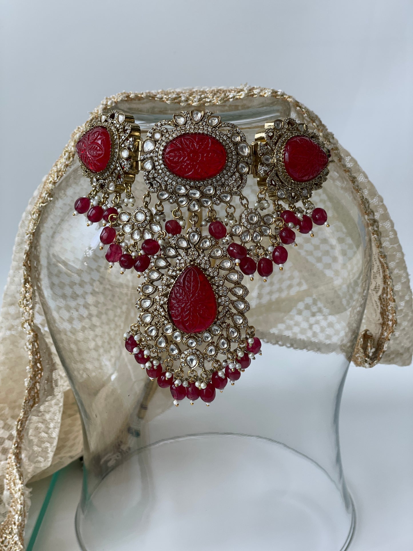 Bridal Regal Kundan Necklace Set with Deep Red Stones and Beads