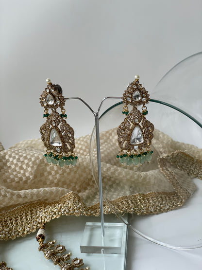 Long Kundan Polki Necklace Set with Fresh Green Beads