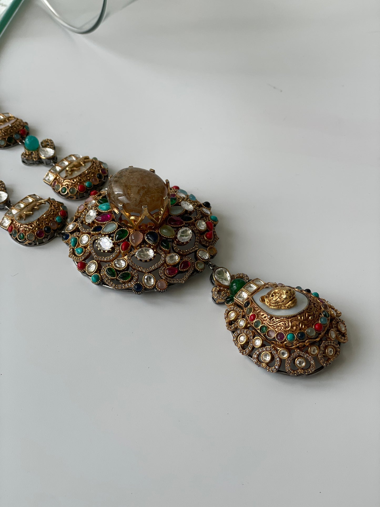 Antique Finish Multi Stone Studded Long Kundan Necklace Set