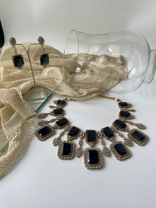 Antique Finish Chunky Blue Stone and Zircon Studded Regal Necklace Set