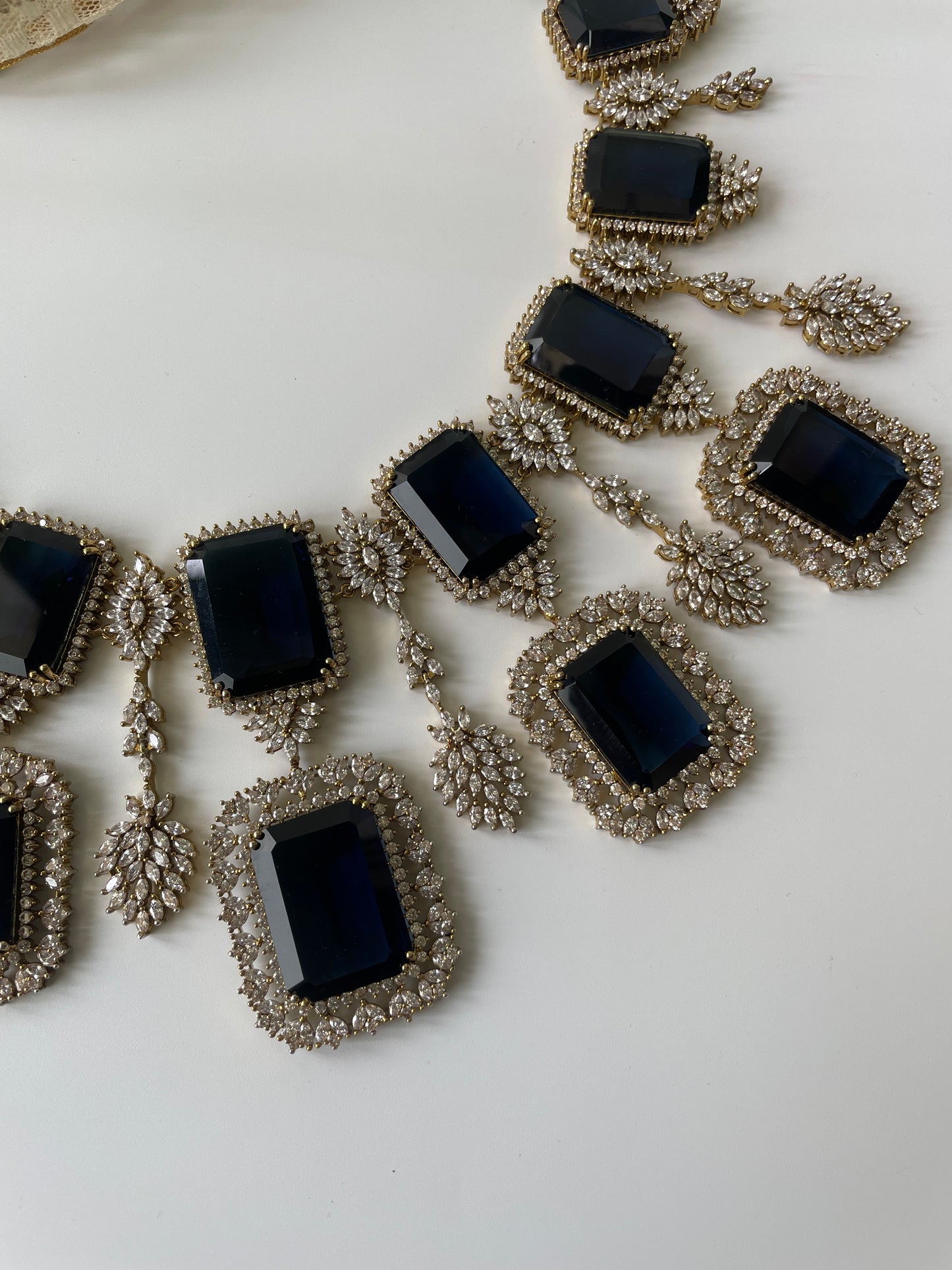 Antique Finish Chunky Blue Stone and Zircon Studded Regal Necklace Set