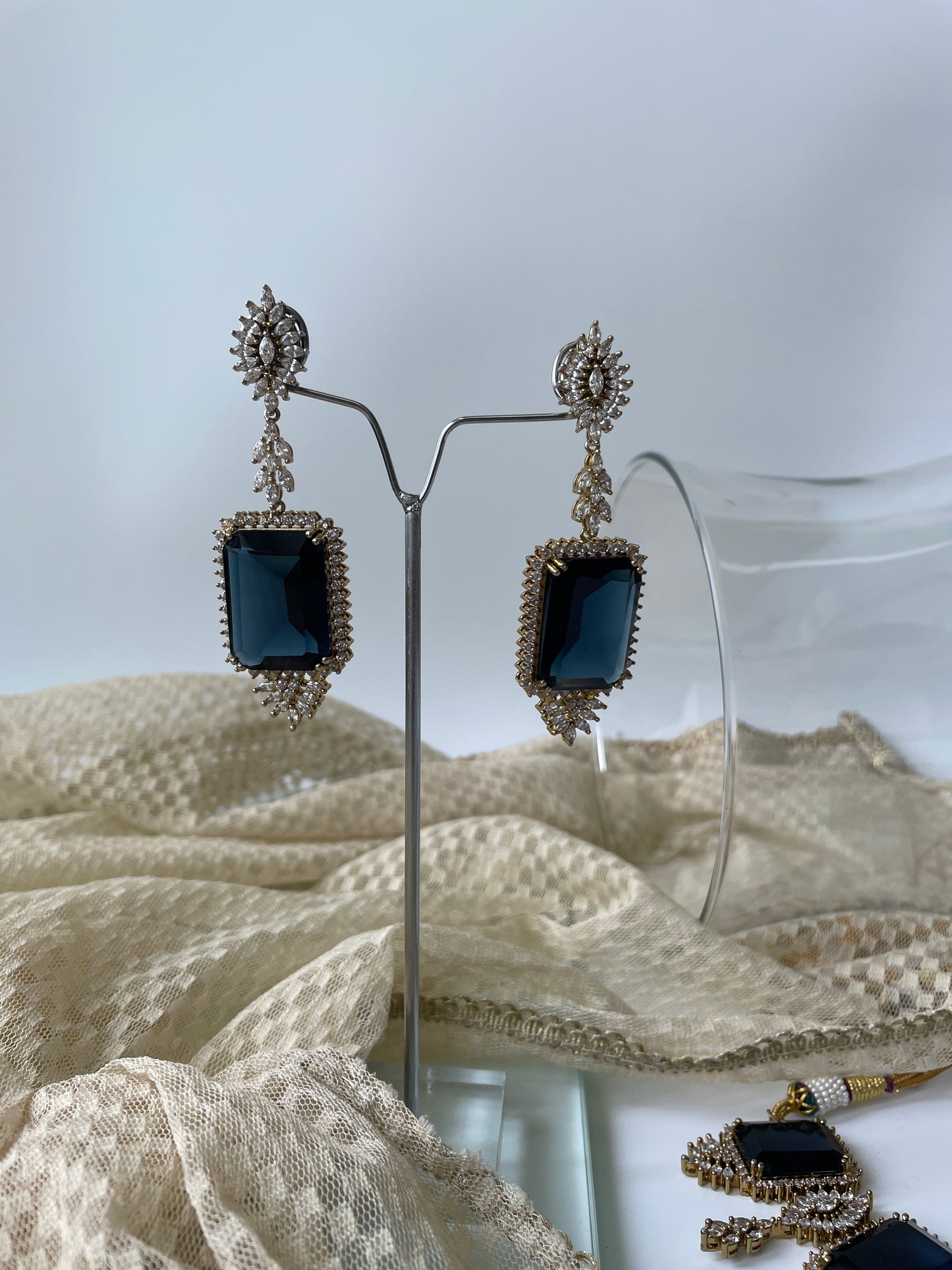 Antique Finish Chunky Blue Stone and Zircon Studded Regal Necklace Set