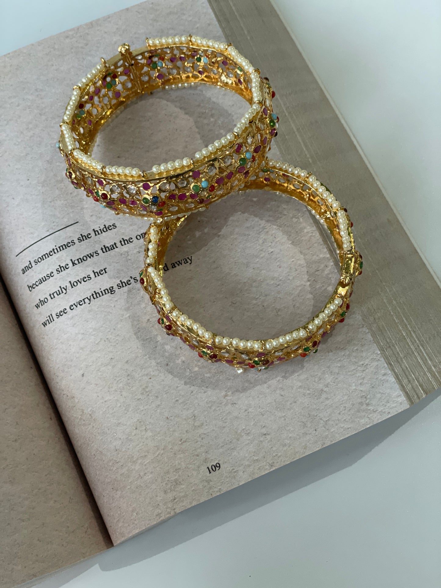Multi Stone Studded Jadau Pearl Bangles