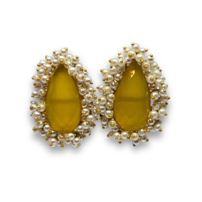 Yellow Teardrop Stone & Pearl Cluster Stud Earrings