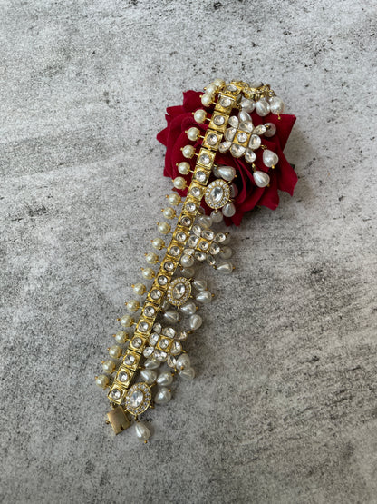 Gold Finish Tasseled Pearl with Kundan Bracelet