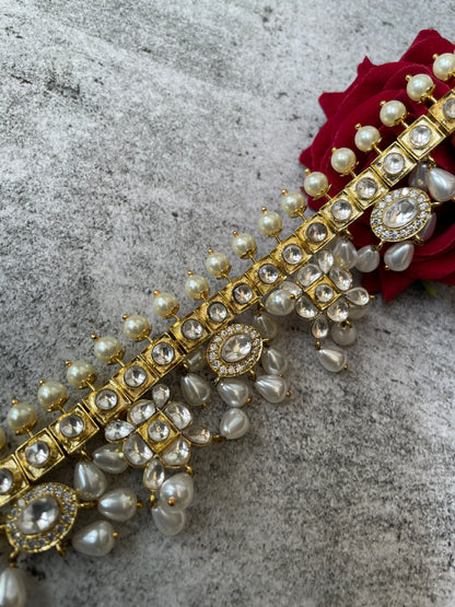 Gold Finish Tasseled Pearl with Kundan Bracelet