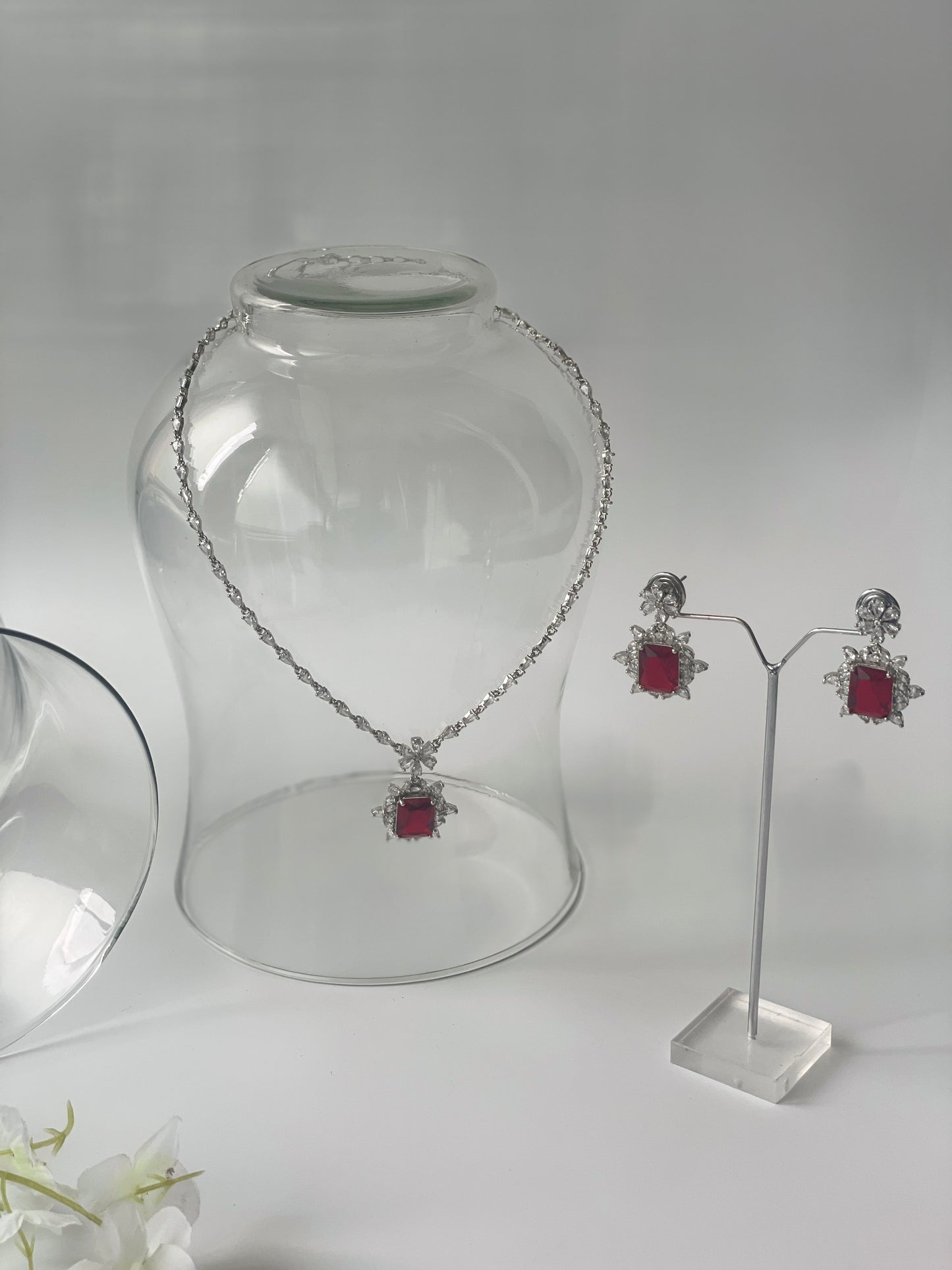 Zircon Studded Long Necklace with Earrings