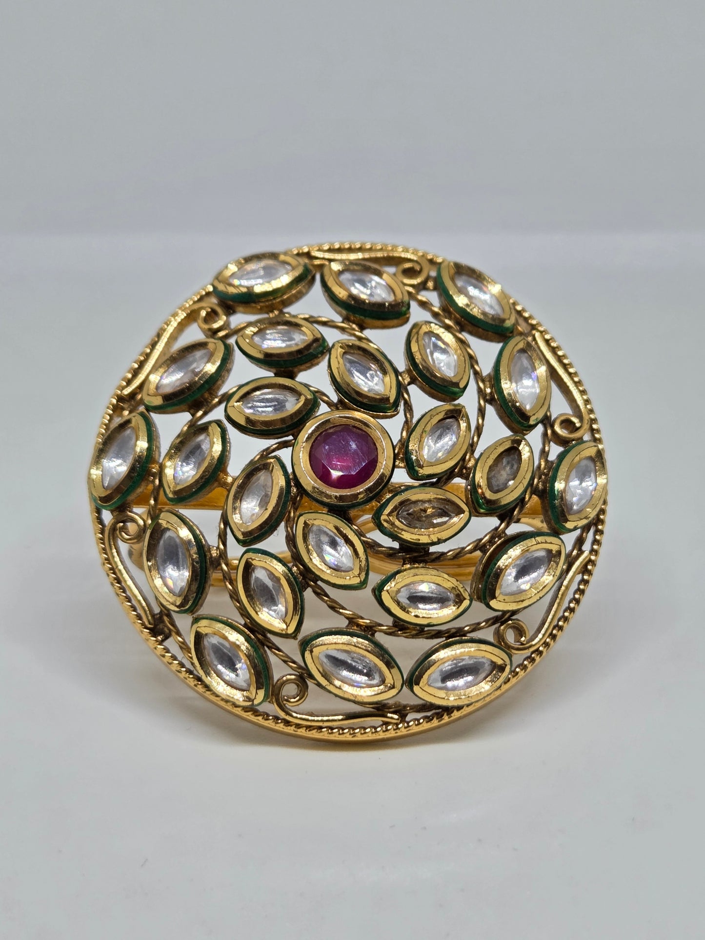 Gold Plated Ring With Kundan and Red Center Stone
