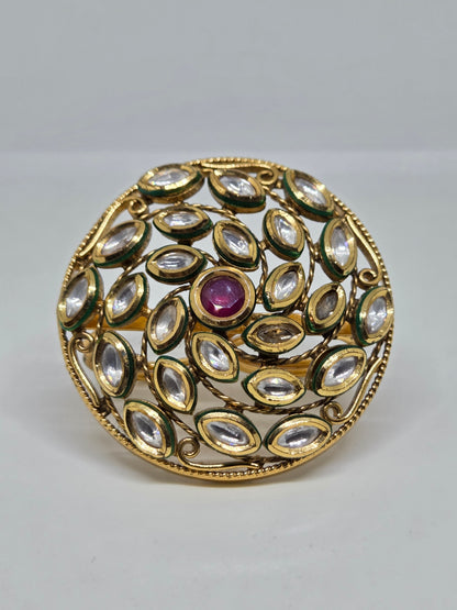 Gold Plated Ring With Kundan and Red Center Stone