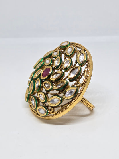 Gold Plated Ring With Kundan and Red Center Stone