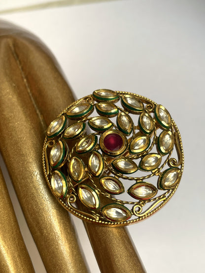 Gold Plated Ring With Kundan and Red Center Stone