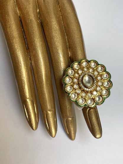 Kundan Green Enamel Ring
